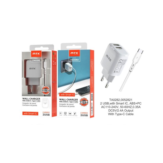 CARREGADOR ADAPTADOR RÁPIDO MTK TA0282 BL COM CABO TIPO C E CHIP DE RECONHECIMENTO INTELIGENTE 2 PORTAS USB 2.4A MÁX. BRANCO